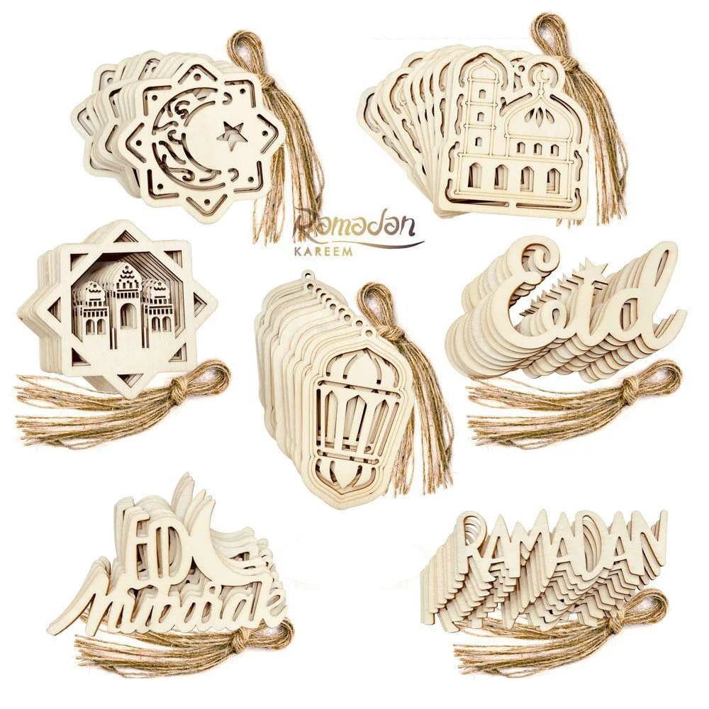 10pcs Hollow Out Eid Mubarak Wooden Hanging Ornament Pendant Ramadan Kareem Decorations Islamic Muslim Festival Party Supplies