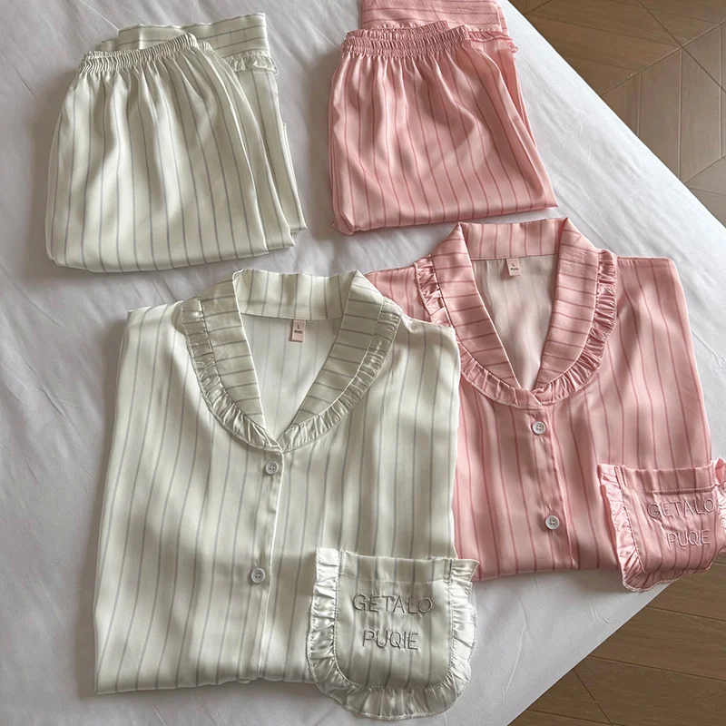 

Шелковые атласные пижамы с вышивкой, одежда для сна с оборками и подолом, домашняя одежда, костюм, осенне-зимняя пижама в полоску, Pijama Mujer, комплект для сна, наряд