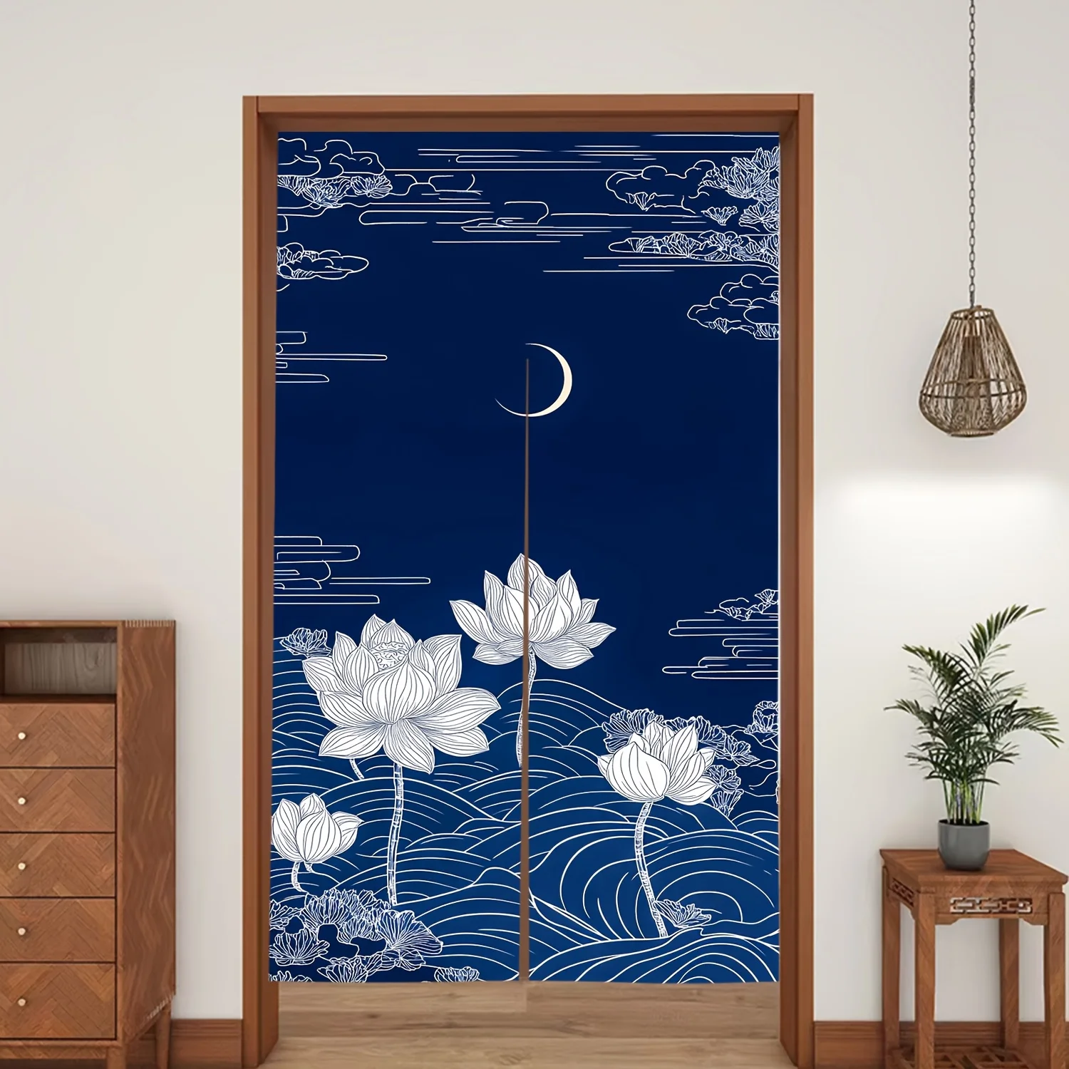 1pc Dark Blue Night for Lotus Zen Ink Style Door Curtain Smoke-Proof Partition for Bedroom & Kitchen, Artistic Satin Fabric