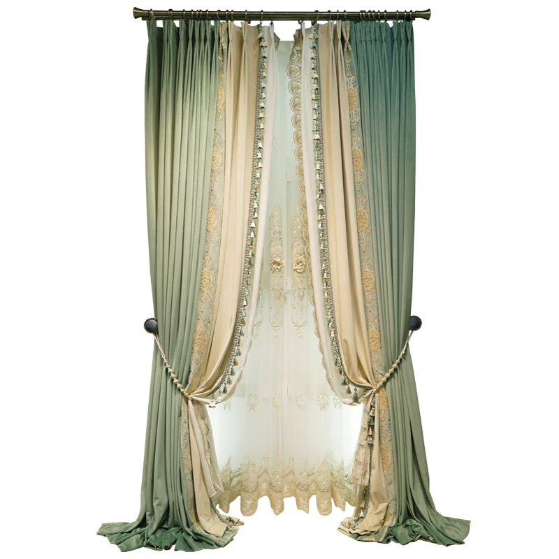 

French luxury villa velvet cloth curtains green European-style embroidery stitching lace floor curtains for living room