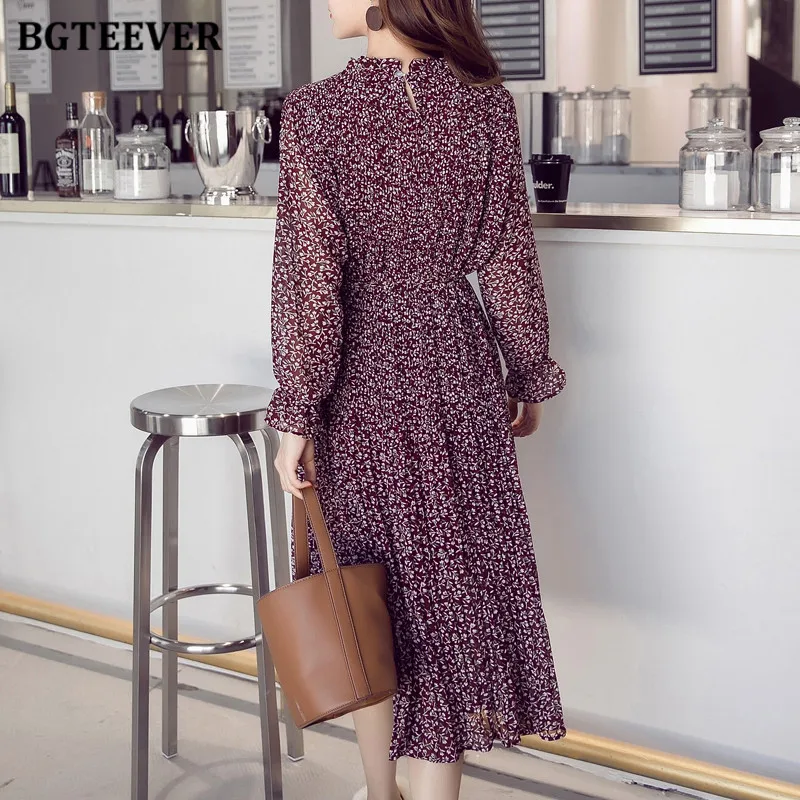 BGTEEVER Chiffon Bohemian Dress Autumn Loose Pleated Dresses Women  A-line   Flower Print Floral Dot Female Vestidos Plus Size