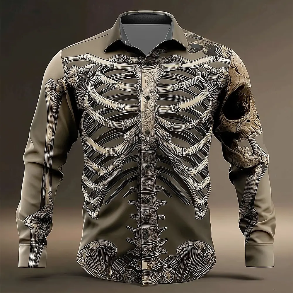 Vintage Distressed Skull Shirt Men Women Retro Long Sleeve Shirt Grunge Style 90s Punk Rock Gothic Top Loose Fit Casual Shirt