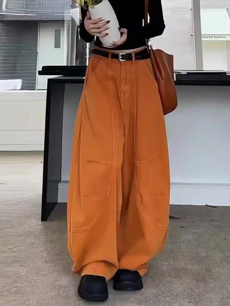 2026 Trend Y2K Style Patchwork Orange Casual Baggy Women's Jeans Pants Woman Clothing Wide Leg Cotton Long Trousers Ropa Mujer