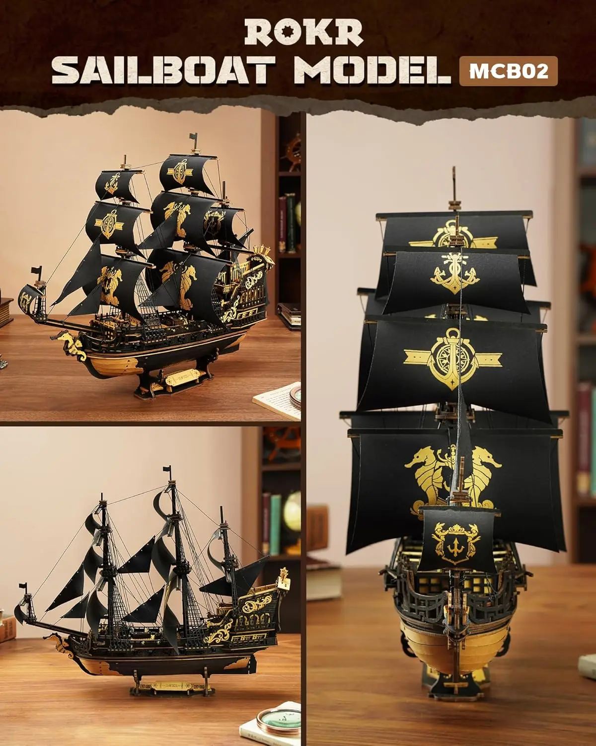 Seahorse Barque 3D-Holzpuzzle für Erwachsene – Segelboot-Modellbausatz, 603-teilige DIY-Montage, Segelboot im Maßstab 1:100 MCB02