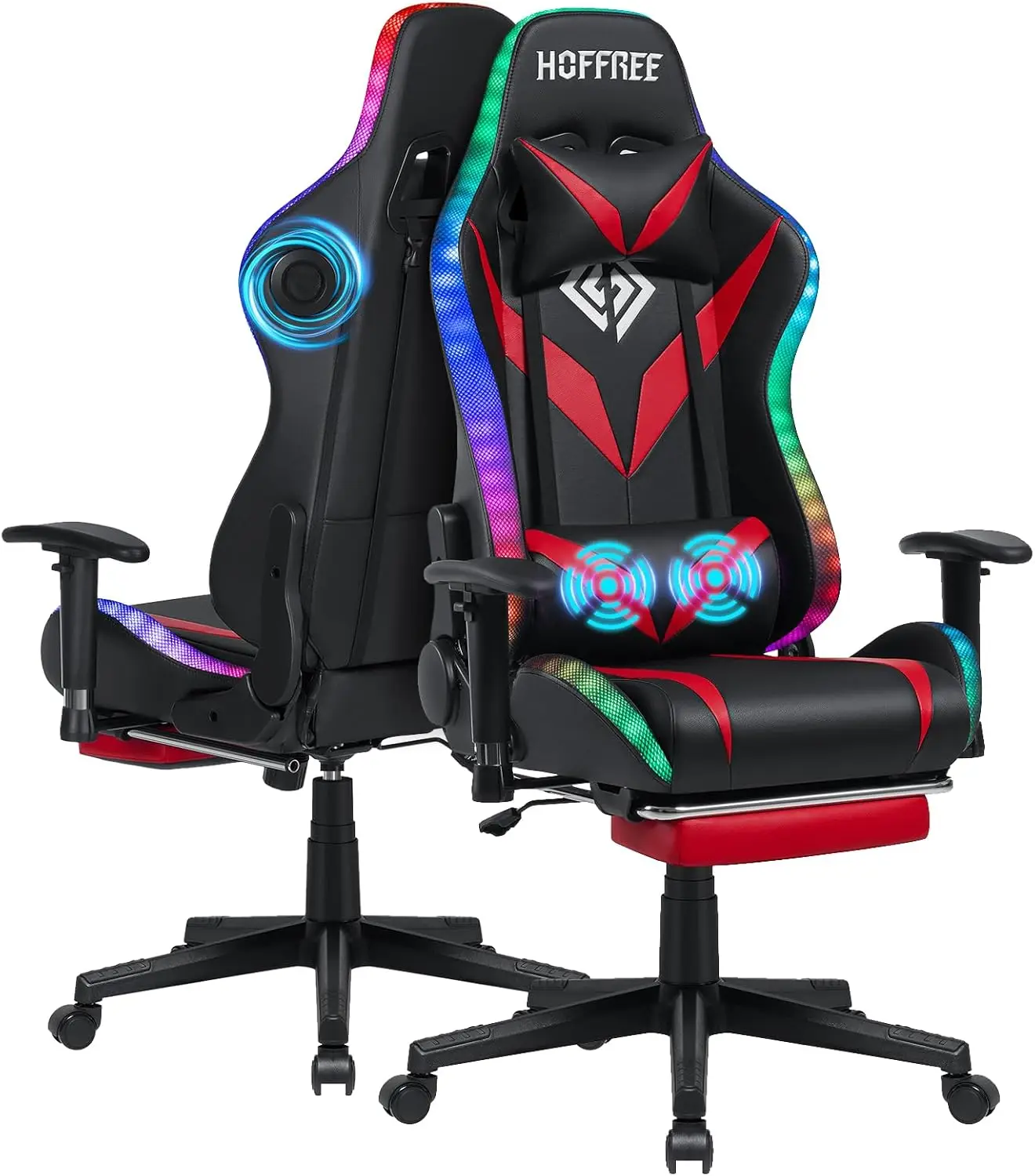 RGB Gaming Chair with Bluetooth Speakers Racing Gamer Chair Massage and Led Lights Swivel Game Chair Red and Black