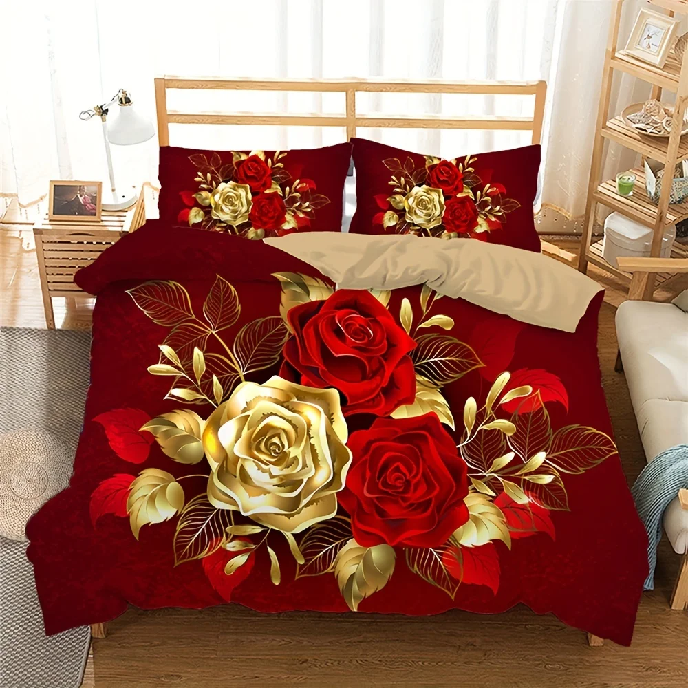 

Romantic Rose Duvet Cover Set 2/3pcs Soft Breathable Bedding for Bedroom Dorm Room Decor Christmas Gift