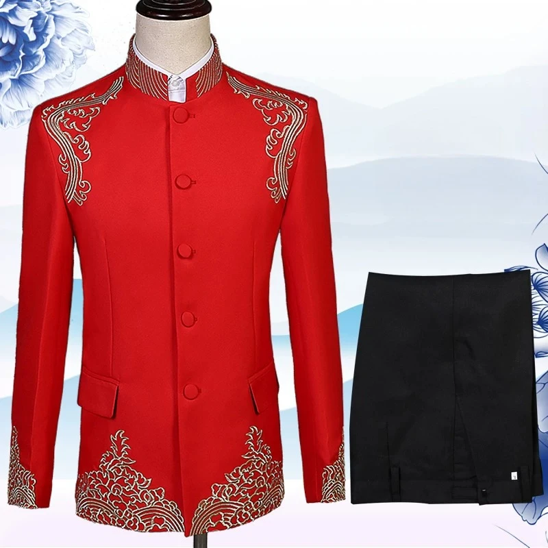 

Chinese Stand Host Costume Traditional Groom Suit Red Performance Suit Man Tunic Tang Clothing Breasted Wedding Jacket