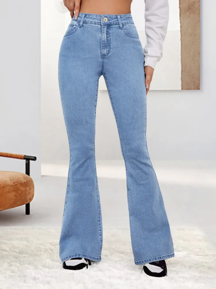 

Light blue fashionable elastic slim fit flared jeans