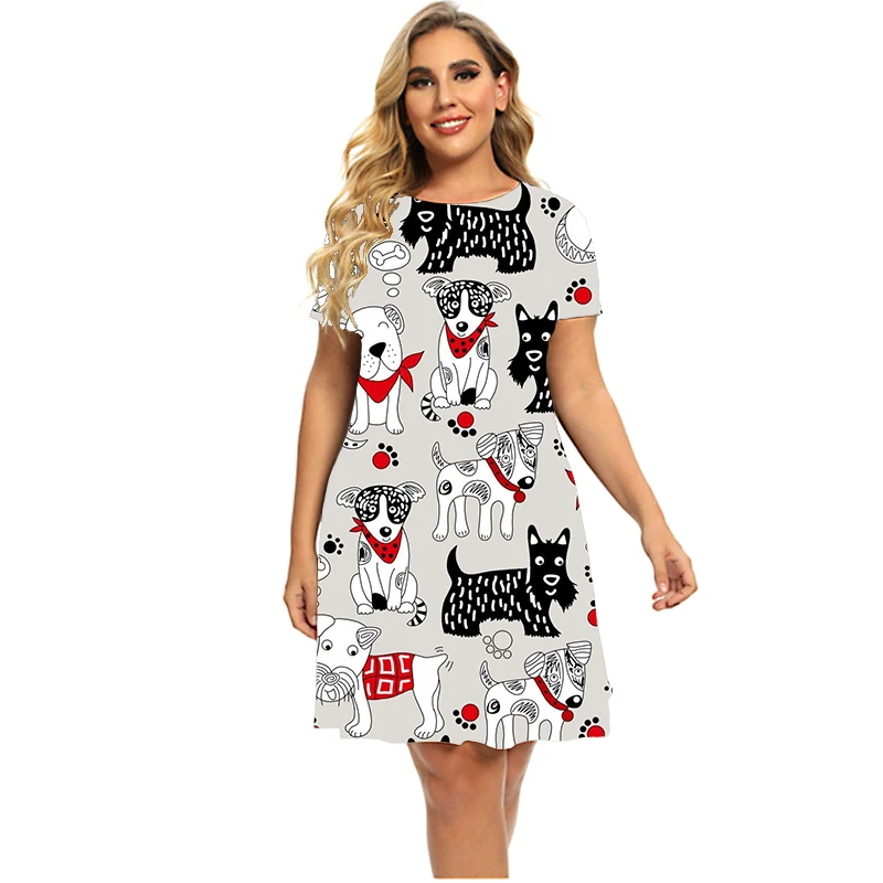 Funny Cat Painting Pattern Print Dresses Women Short Sleeve Round Neck A-Line Dress Summer Fashion Clothing Plus Size Dress 6XL