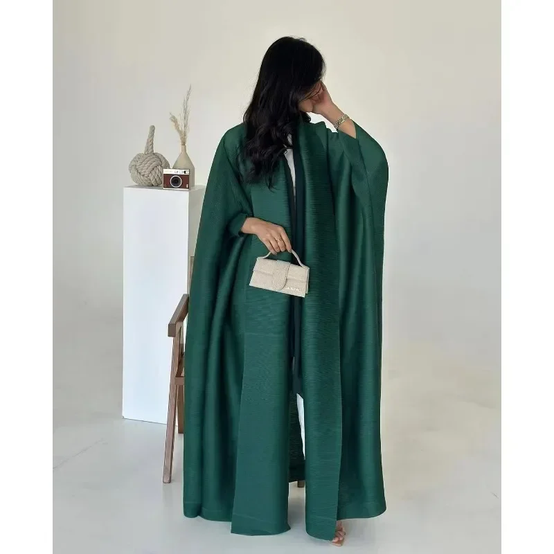 Abaya Fashion Pleated Bat Sleeve Loose Tie Solid Color Medium-length Shawl Long Coat 2024 Fall New