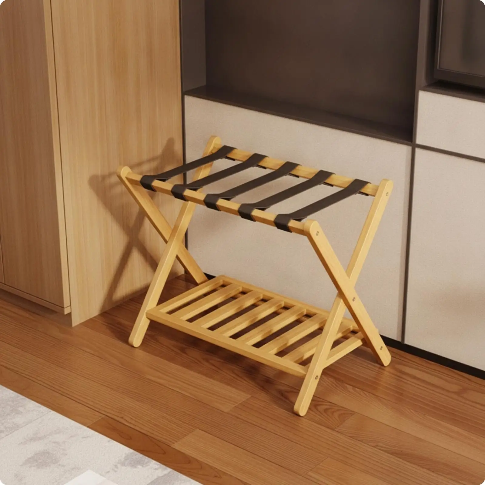 Bamboo Luggage Rack with Shelf Foldable Luggage Rack with Storage Shelf