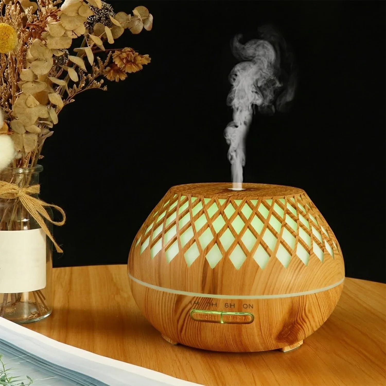 500ml Wood Grain Ultrasonic Humidifier 5V Large Mist Aroma Diffuser 7 Color LED Light Hollow Diamond Essential Oil Diffuser Home