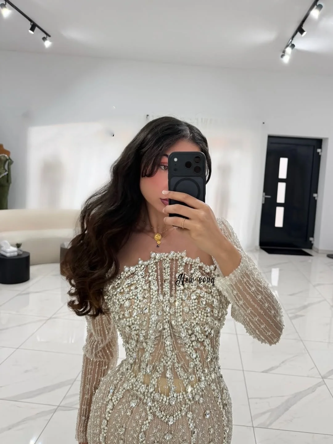 Female Champagne Long Sleeve Prom Dress Mermaid Crystals Sparkly Events Dresses 2026 Vestido De Festa Casamento Customized Dubai - view 3