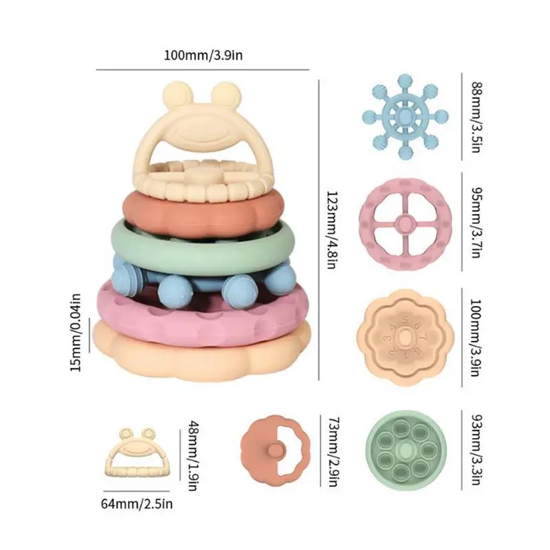 Кольцо для прорезывания зубов, милая лягушка, силиконовые прорезыватели для младенцев, 6 шт./компл., игрушки Монтессори для раннего обучения, обучающая игра-укладка для