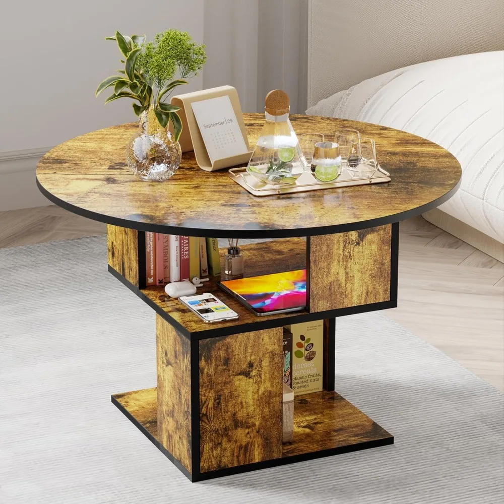 

Coffee Table with Storage,3-Tier Coffee Table for Living Room,Wooden Tabletop-Caramel Brown with Black Frame