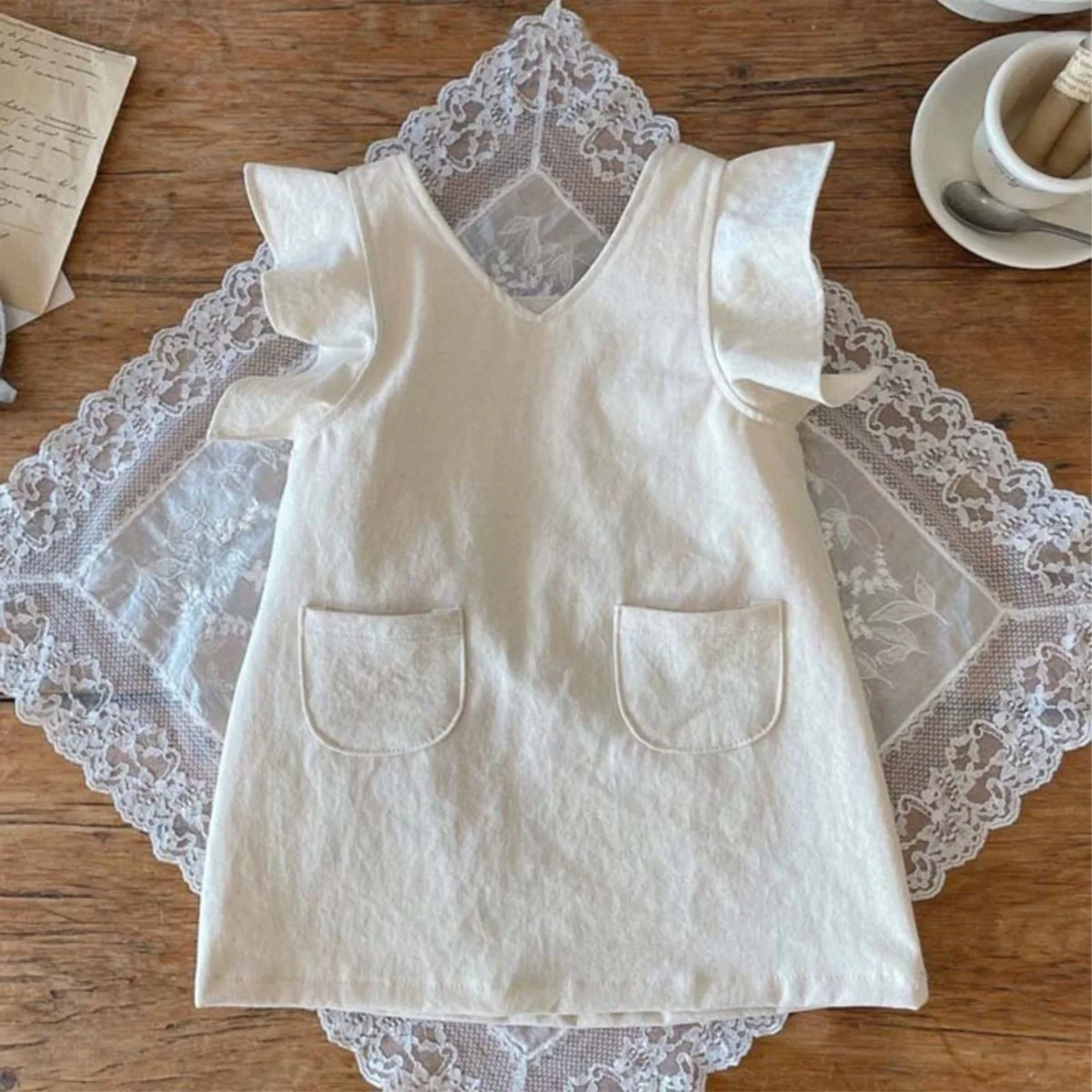 Girls Casual Dresses Autumn Baby Cotton Pocket V Neck Lotus Leaf Sleeve Vest Sleeveless Long Soild Simple Lovely Sweet