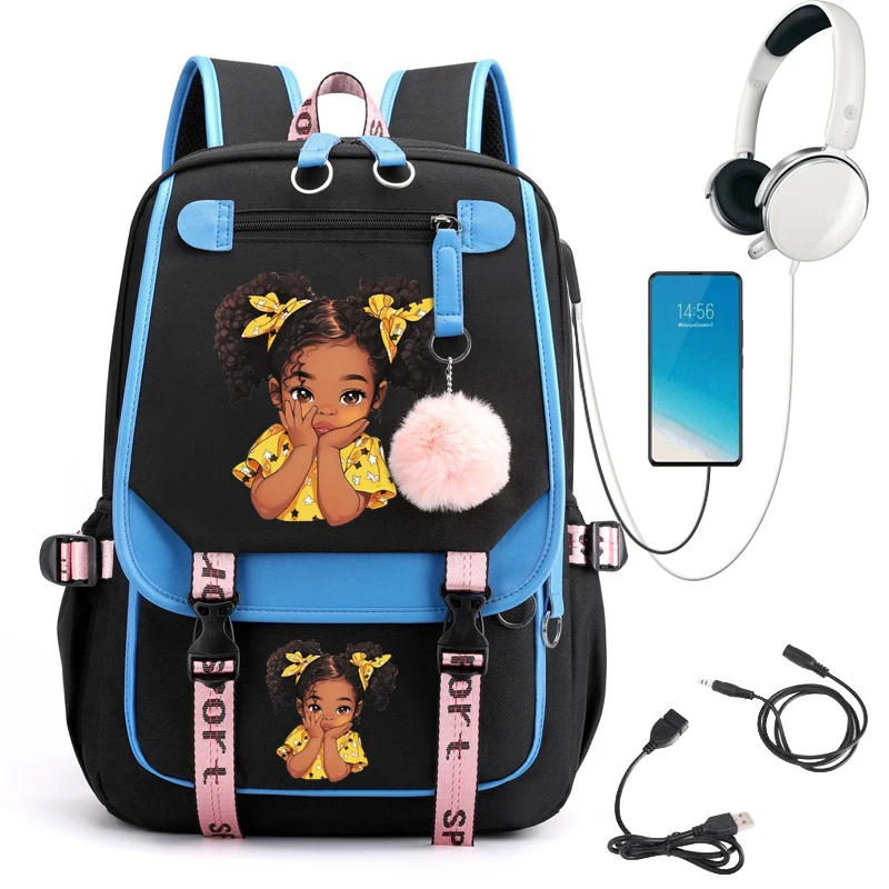 Mochila impressão menina preto Multicolor, saco bonito da escola dos desenhos animados, para os adolescentes, bookbag, laptop