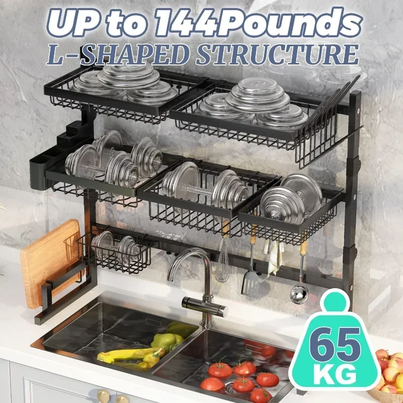z Over Sink Dish Drying Rack (Expandable Height/Length) Snap-On Design Large  Counter Organizer (31-39.5L x 12W x 34-38H (inche