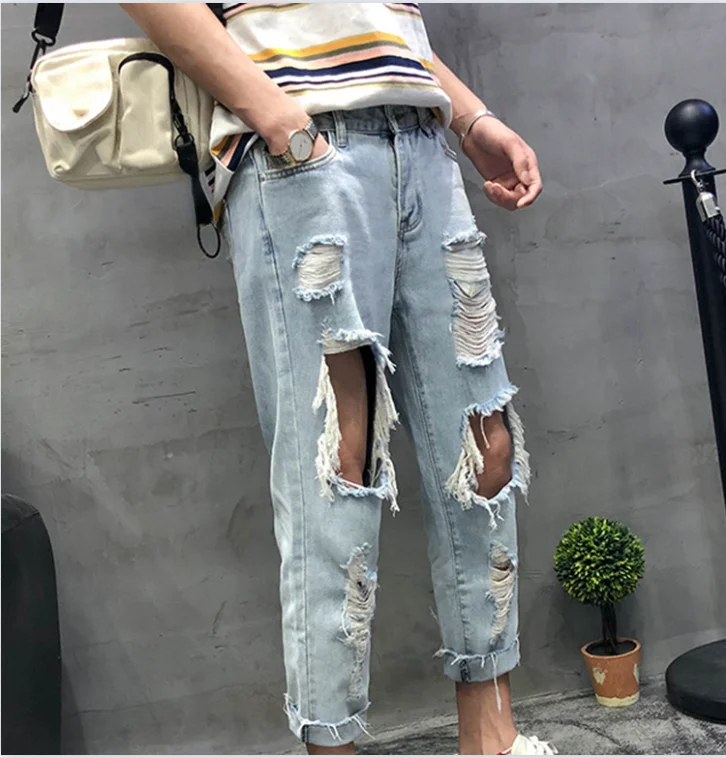 Pantalones vaqueros sueltos de nueve puntos para hombre, Jeans rectos de moda, primavera y verano