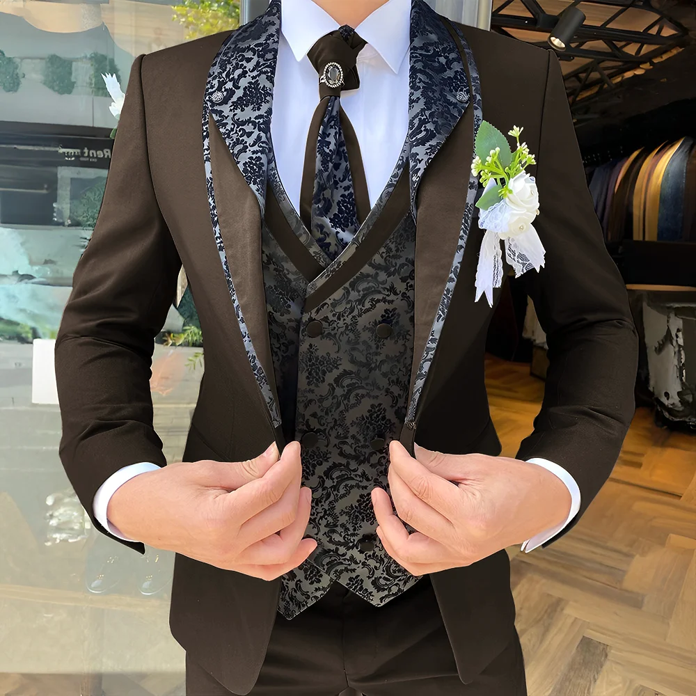 Handsome Men\'s Suit 3-piece Elegant Groom Wedding Tuxedo Jacket Pants Vest Customized Formal Blazer for Male