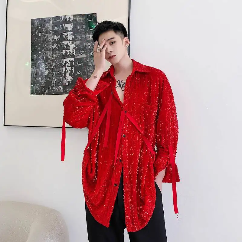 Red Korean Shirt Trendy Stage Outfit Unisex Velvet Sequin Personality Shiny Reflective Nightclub Party Performance Costume