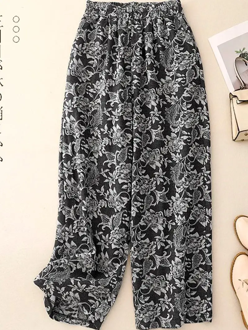 Pantalones de pierna recta de cintura alta, pantalones largos de pierna ancha bordados étnicos para mujer de talla grande, corte cómodo informal