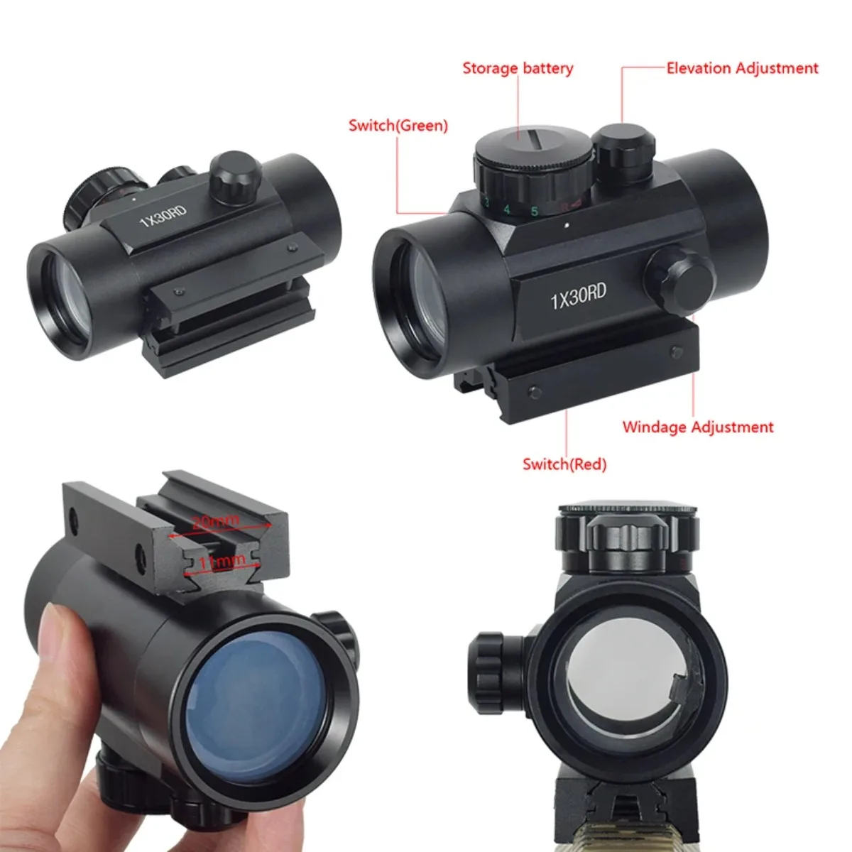 التكتيكية Riflescope 1X30 1x40 البصريات الأحمر الأخضر نقطة البصر منعكس 4 شبكاني المجسم كوليماتور نقطة ل 20 مللي متر 11 مللي متر السكك الحديدية Ar15 M4