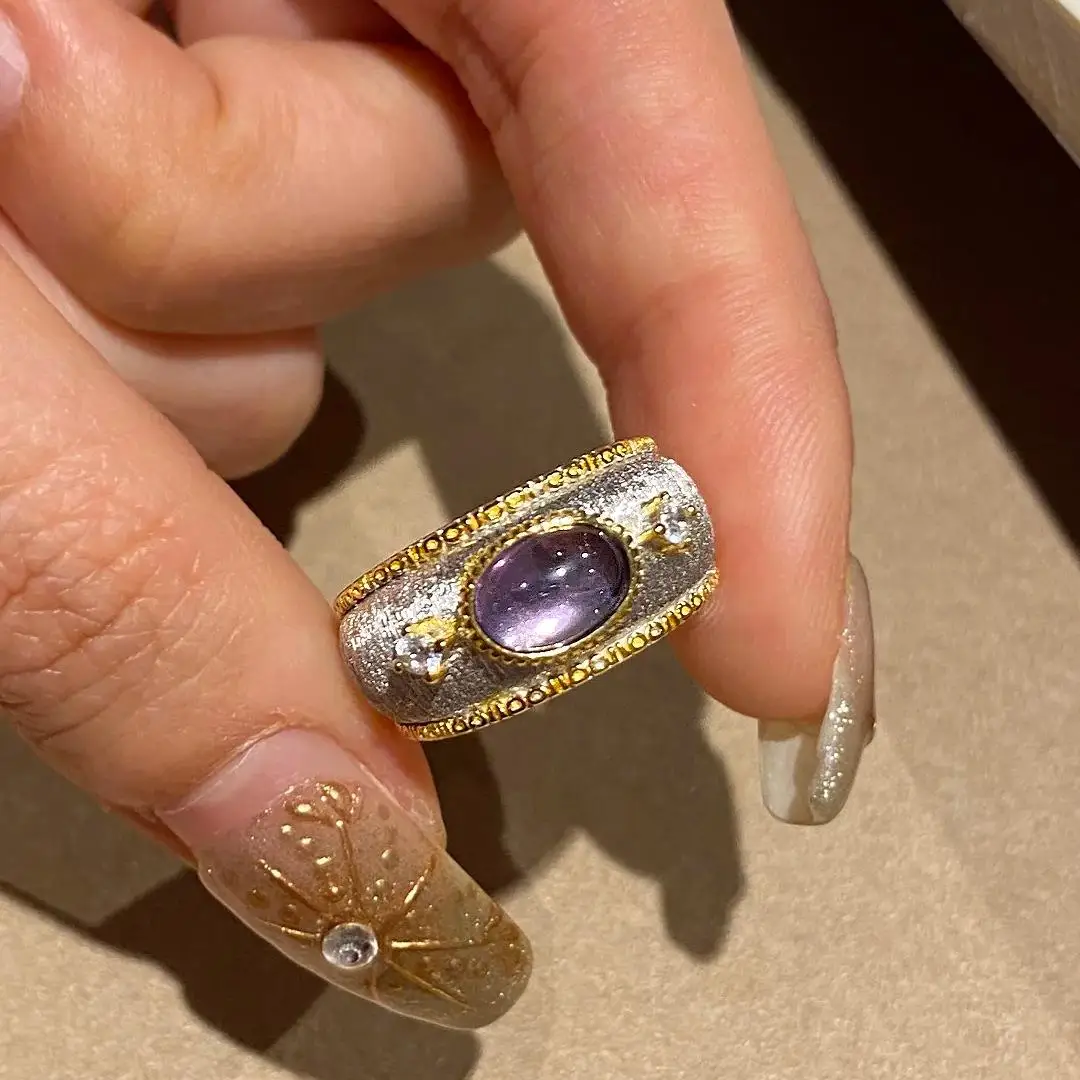 Vintage court style brushed semi transparent gemstone purple Ring dreamy inlaid diamond amethyst rings for women wedding jewelry