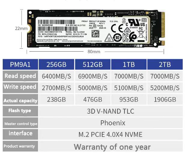 USED PM9A1 256G 512G 1TB 2TB 2280 NVME PCIE4.0 M.2 1024GB Computer M.2 SSD Solid State Drive FOR Samsung