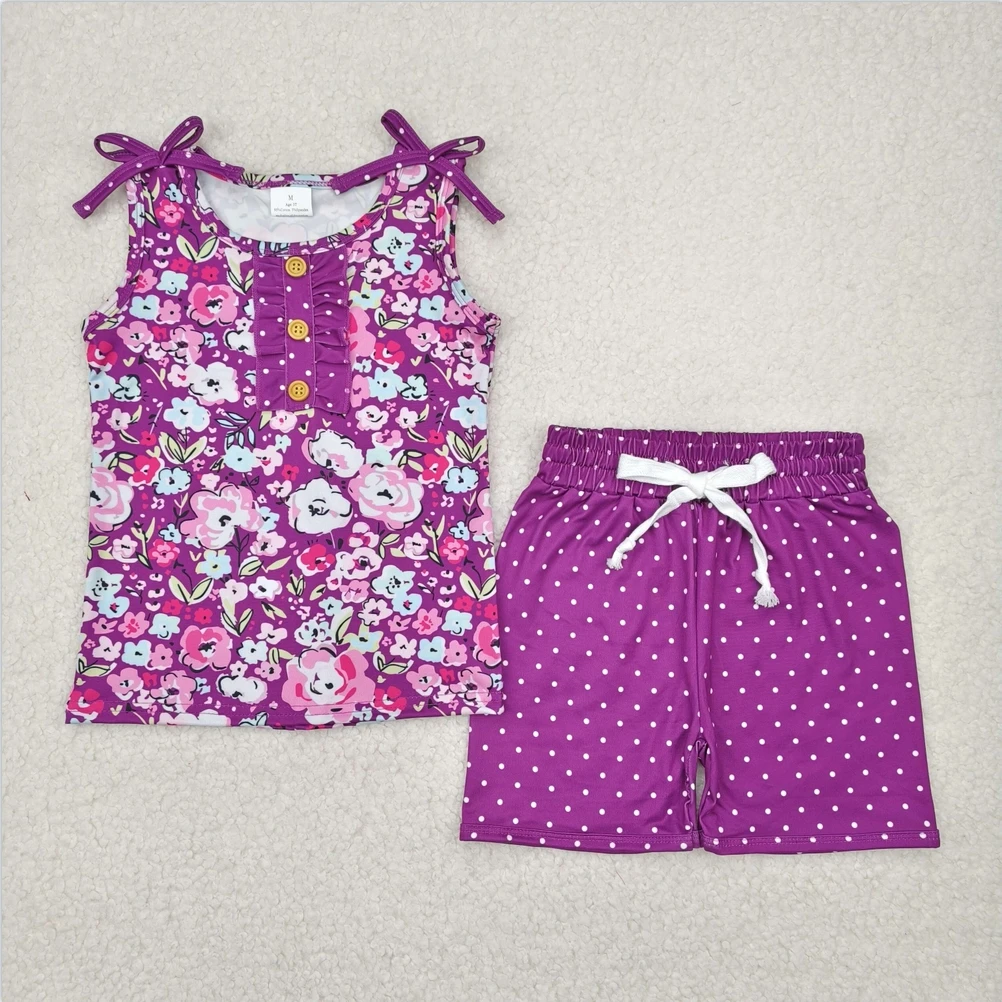 

Baby Girls Clothes Kids Boutique Short Sets Baby Girls Purple Sleeveless Floral Button Top Polka Dots Shorts Kids Cothes Set