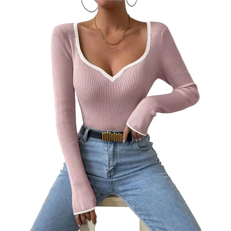 

CYL-Women's Sweetheart Neck Long Sleeve T Shirt Rib Knitted Contrast Binding Tee Tops