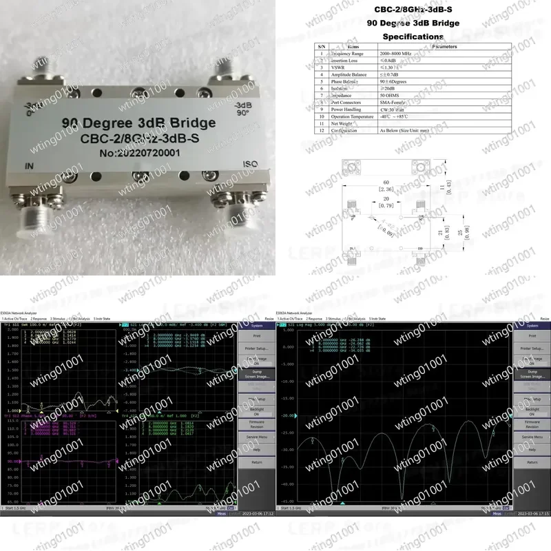 for CBC-2/8GHz-3dB-S High Power 30 Watt SMA Connector Quadrature Hybrid Coupler 90 Degree Phase Shift RF Microwave Component