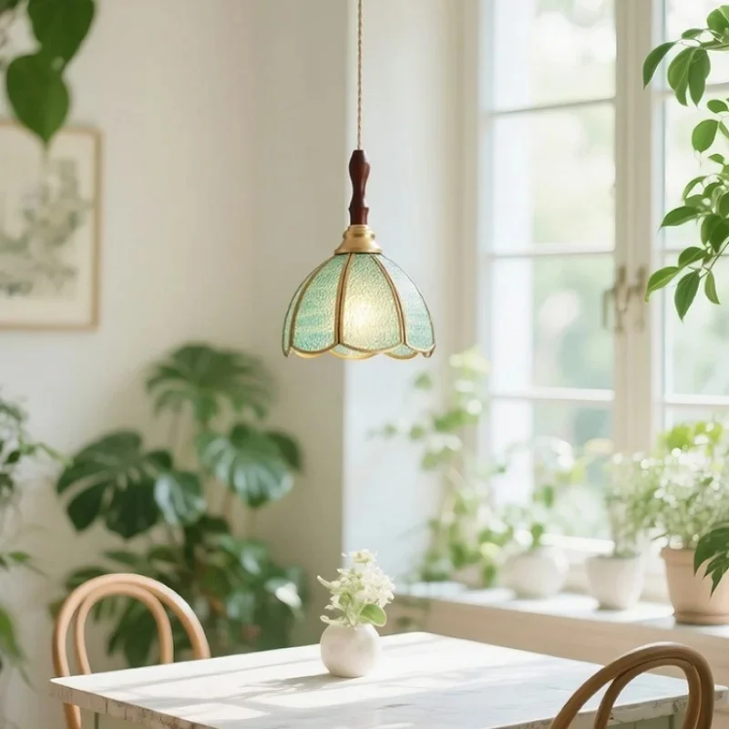 Vintage Green Textured Glass Pendant Light with Wood Handle for Kitchen Island Bedroom Dining Room