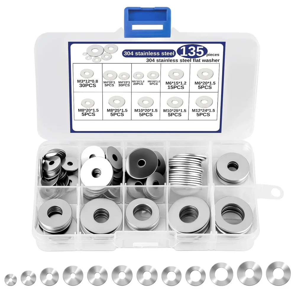 135 PCS Stainless Steel Washers Set 12 Sizes Bolt Washer Set Washer Gaskets For Secure Repairs & Easy Hand Tools