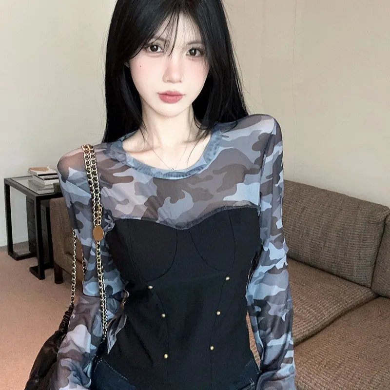 

Faionable Camouflage Me Splice Slimming Long Sve Women's T-irt Autumn 2025 Design Sensation Sexy Sle Ladylike Trend