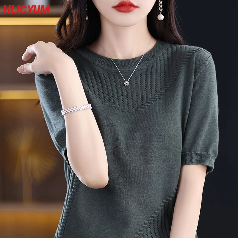 Women\'s T-shirt 2023 New 100% Cotton Short Sleeve Casual Solid Knit Pullover Ladies Tops Loose Tees Hollow Round Neck Blouse