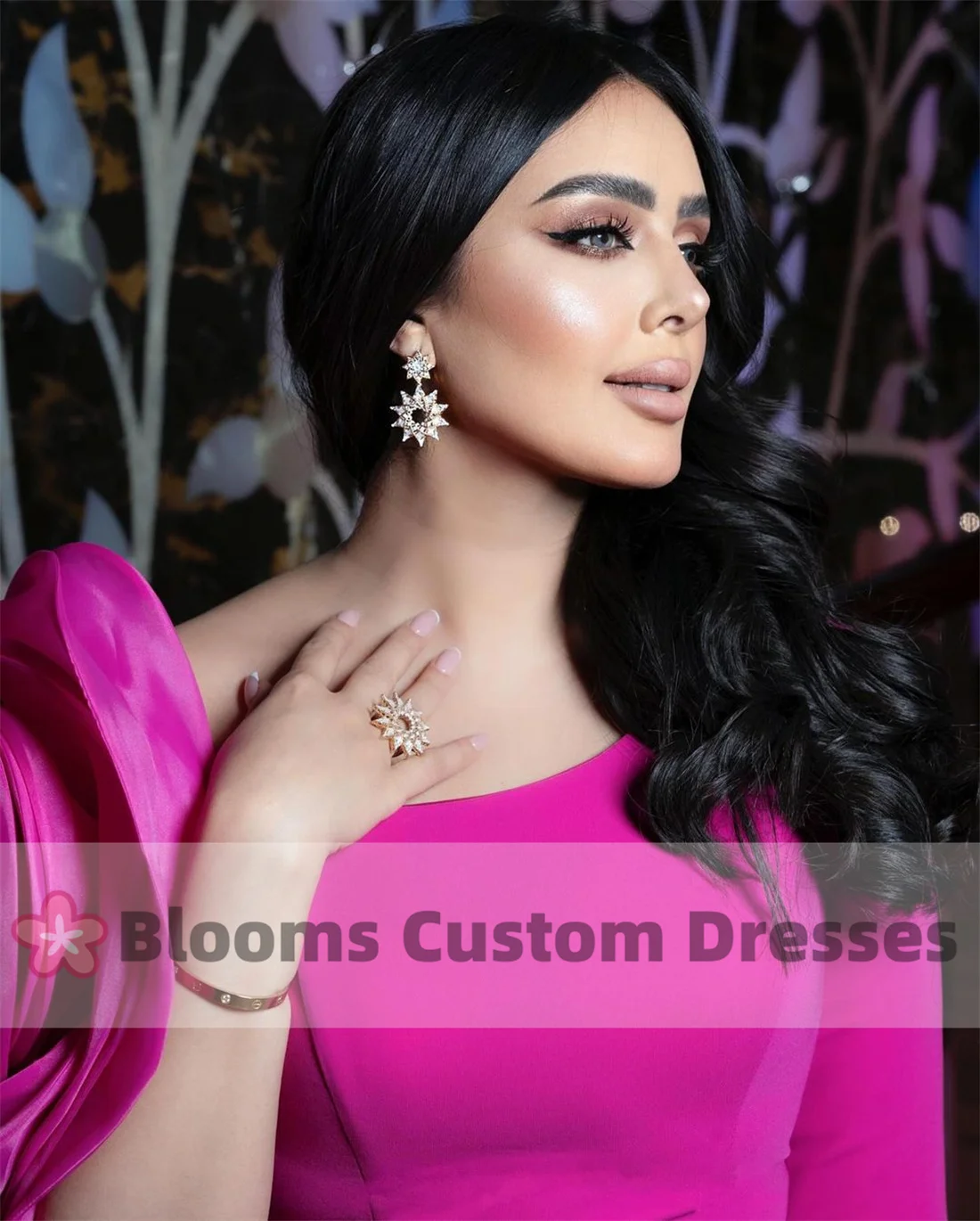 Blooms Customized Elegant Long Sleeves Organza Flower Evening Dresses Floor-length Saudi Formal Prom Dress Side Slit Party Gown