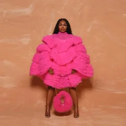 Hot Pink Ruffle Women Dress for Wedding Short Formal Evening Gowns Layered Custom Made Party Dresses Tierred Tulle