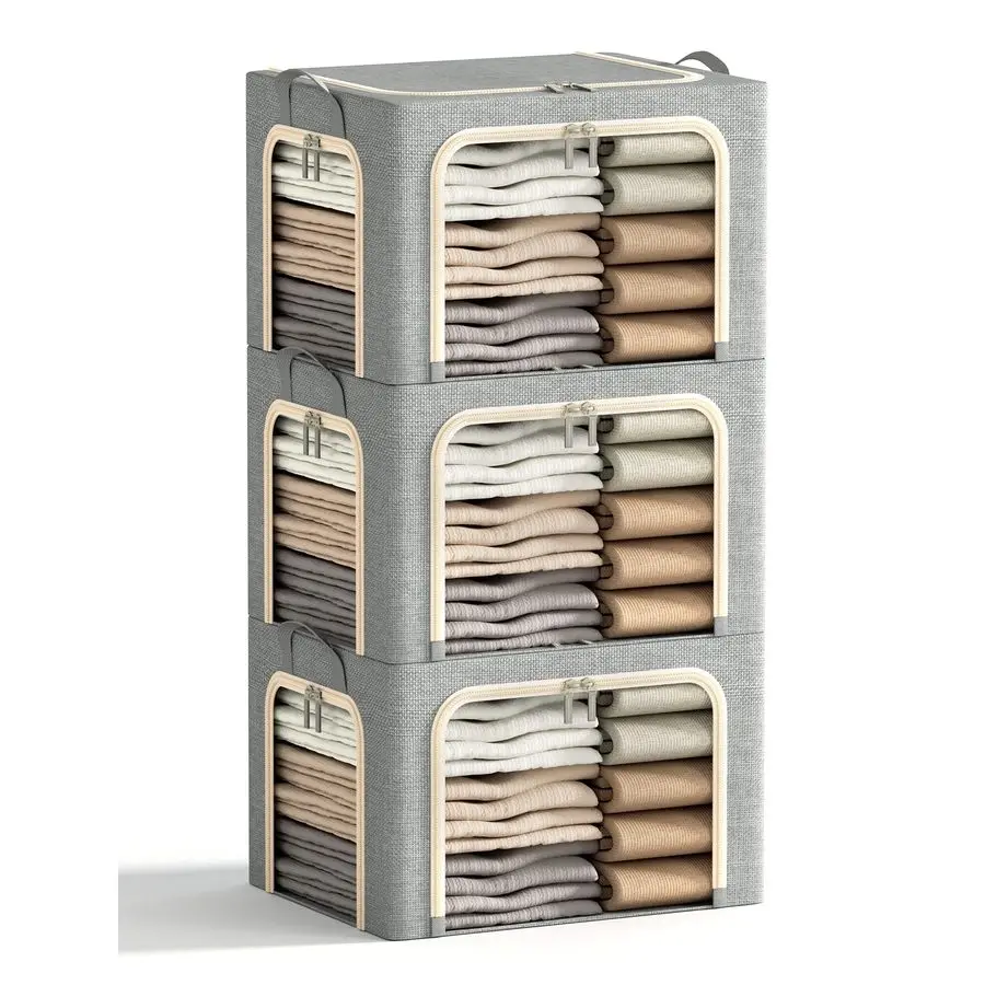 

Openings Clothes Storage Bins with Metal Frame, Foldable Storage Bin for Clothes, Clothing Storage Bins with Lid, Linen Storage