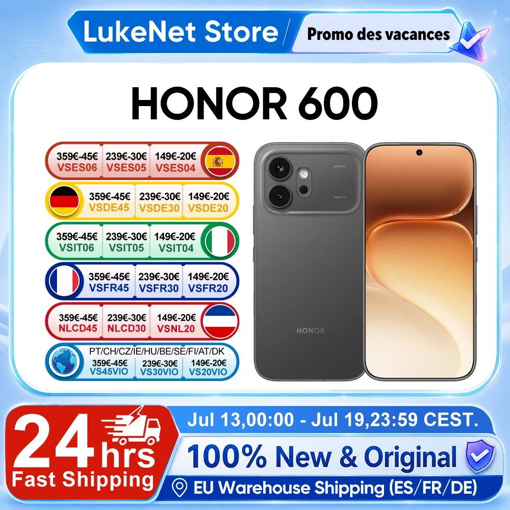 Teléfono Inteligente HONOR 600 5G Versión EU, Cámara Ultra Nocturna con IA de 200MP, 6400mAh, Snapdragon 7 Gen4, Botón IA, Pantalla AMOLED de 6.57'', Supercarga de 80W