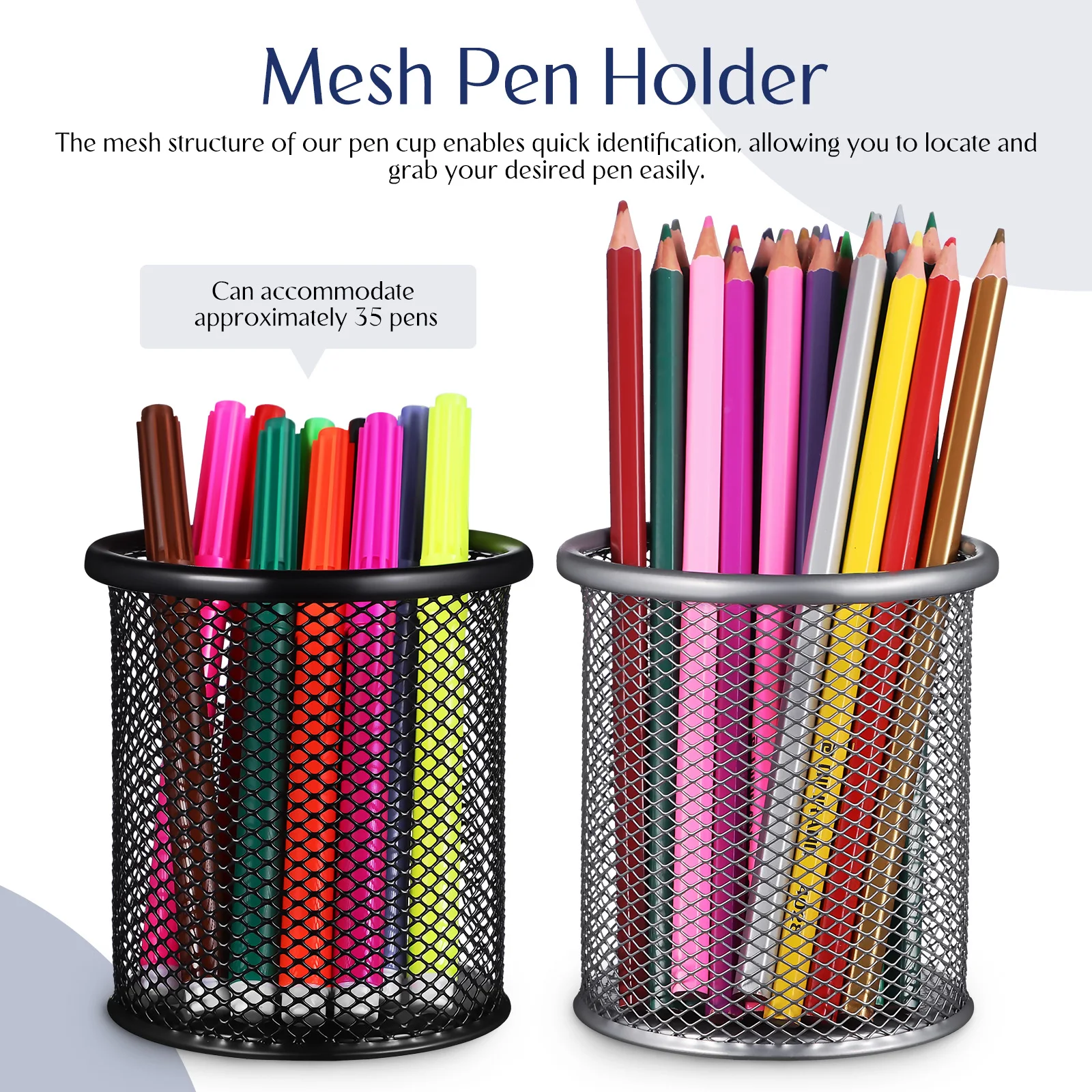 

2pcs Metal Pen Holder Desk Organizer Black Silver Mesh Cup Pencil Bucket Stationery Storage Modern Design Space Saving