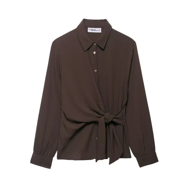 Dames crêpe shirt met knoop herfst eenvoudige lange mouwen pocket knop damesoverhemden vrouwelijke vintage shirts en blouses