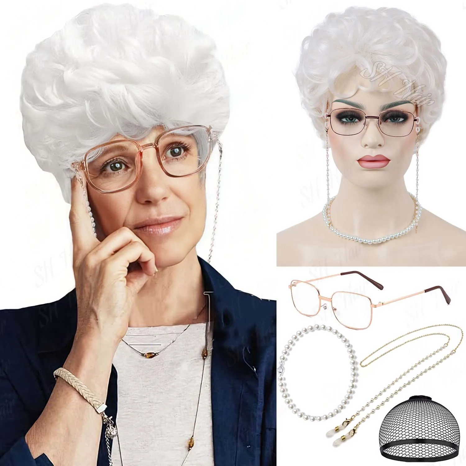 

Синтетический парик костюма старой леди для женщин, белый вьющийся парик бабушки, забавные парики бабушки на 100 дней в школе, косплей, вечеринка, Хэллоуин