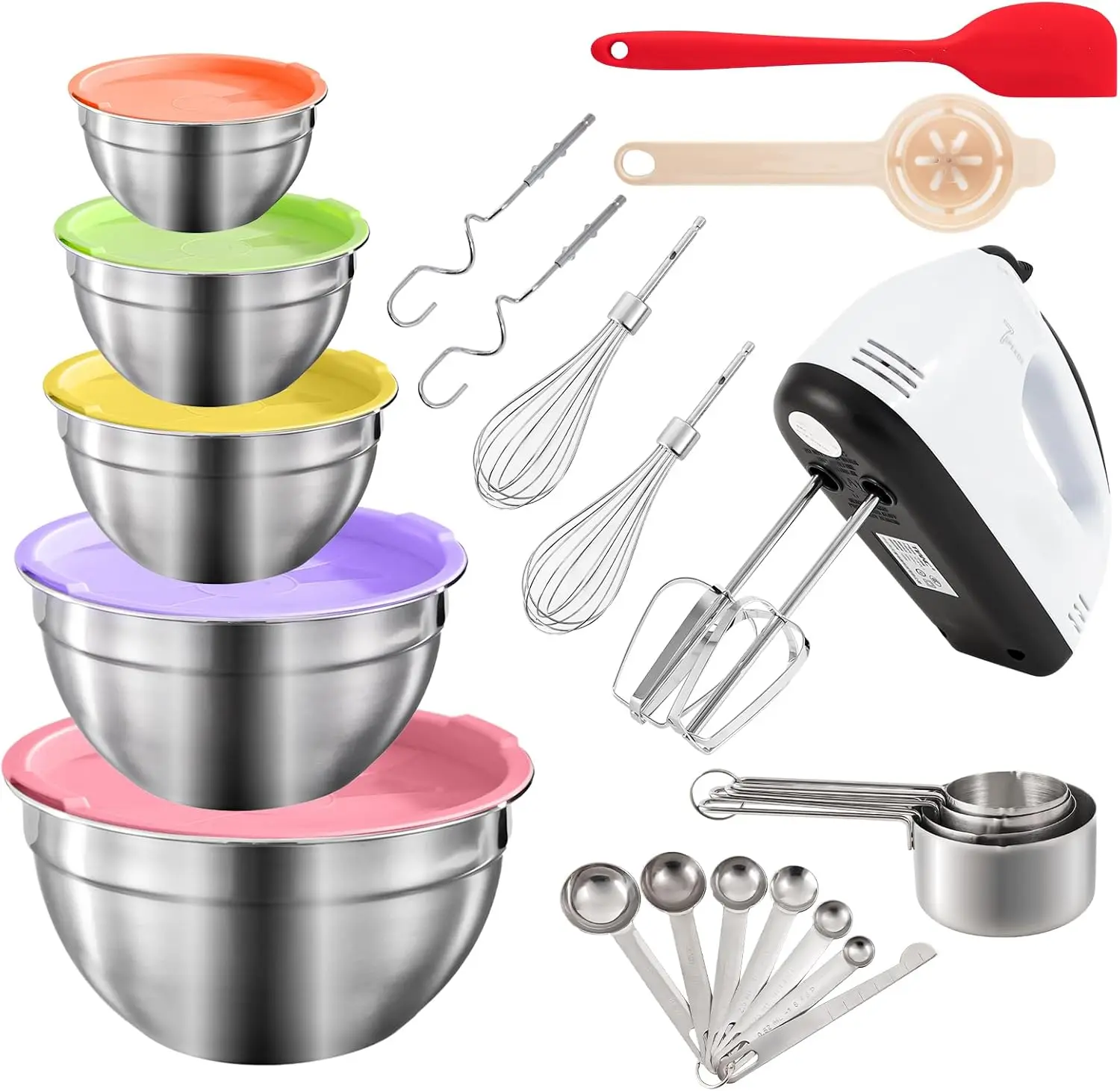 

7-Speed Electric Hand Mixer,5 Large Mixing Bowls Set,Handheld Mixers with Whisks Beater,Stainless Steel Metal Nesting Bowl