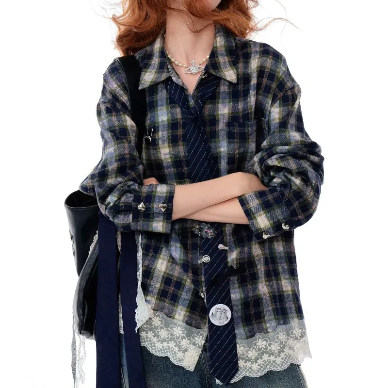 

QWEEK Vintage Plaid Oversized Shirt American Retro Streetwear Patchwork Lace Blouse Harajuku Youth Long Sleeve Autumn Clothes