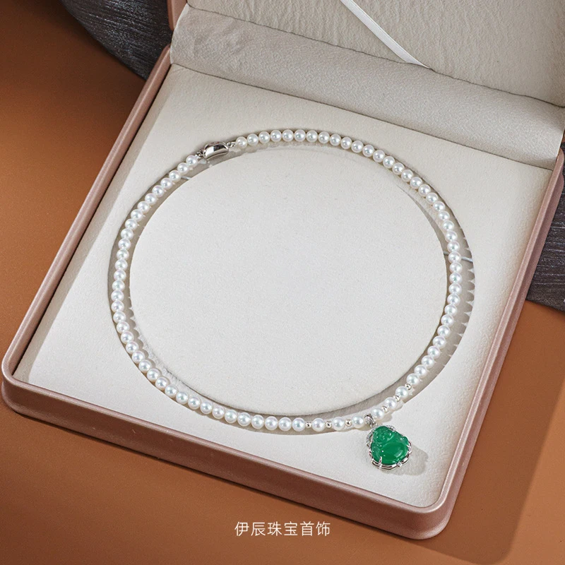 

Freshwater pearl necklace women, near-round shape, high-luster chalcedony Maitreya Buddha pendant, beaded choker,