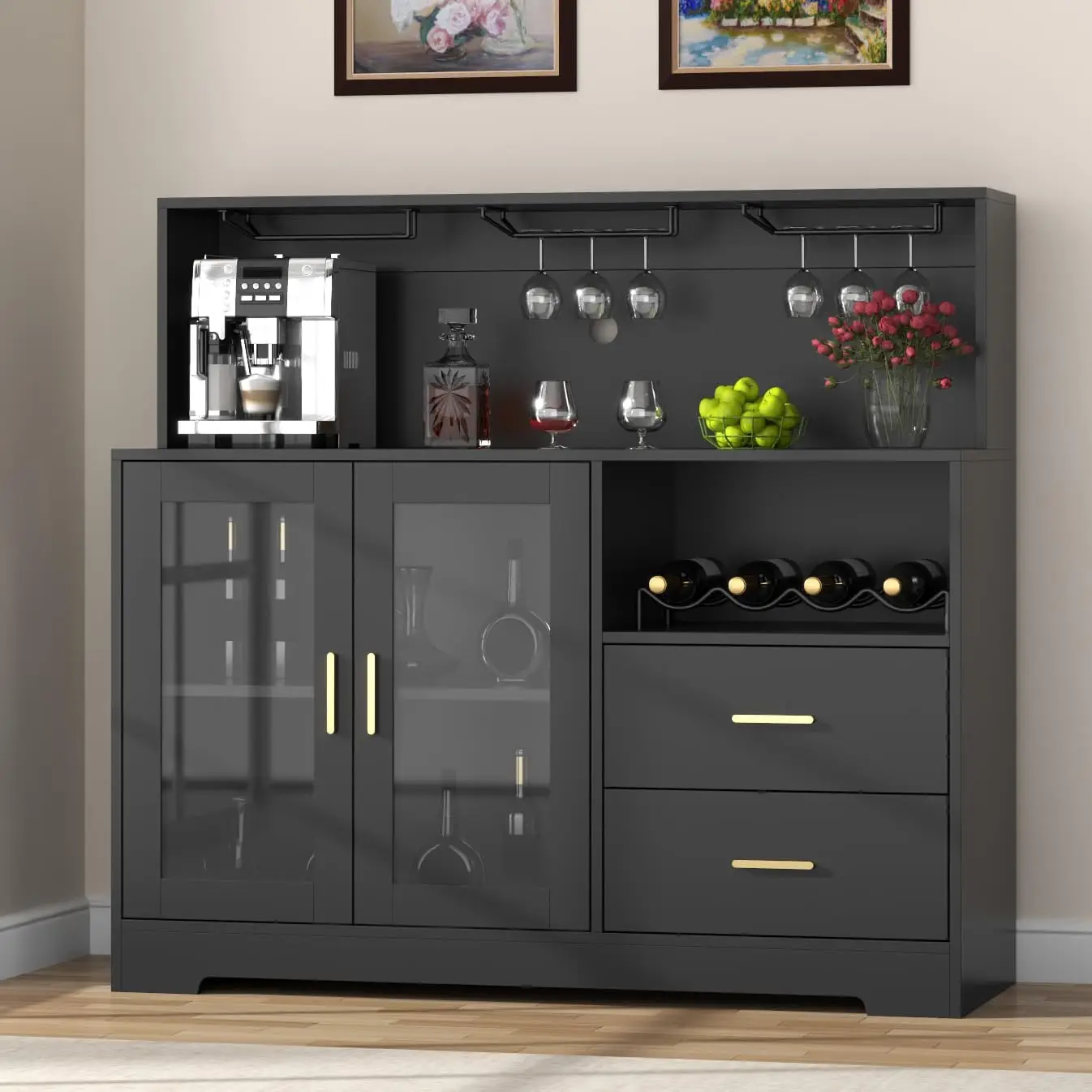 Wine Bar Cabinet com Luz LED, Home Coffee Cabinet com Wine and Glass Rack, Aparador Buffet de Cozinha