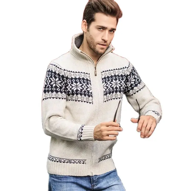 Winter Men\'s Jacquard Sweater Coat Christmas Snowflake Print Knitted Cardigan Turtleneck Full Zip Casual Warm Wool Sweater 5XL