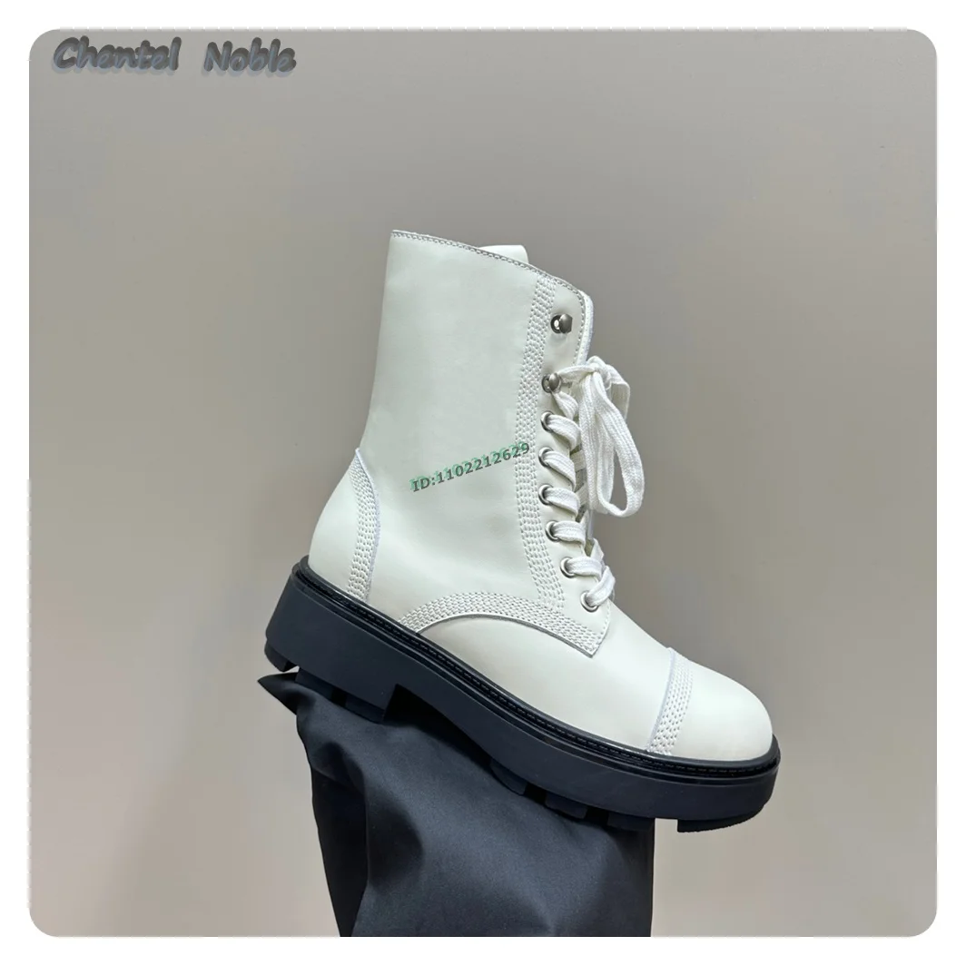 Black Leather Lace-up Side Zipper Ankle Boots For Women Flats Round Toe Casual Platform Shoes Autumn Winter 2024 New Arrivals