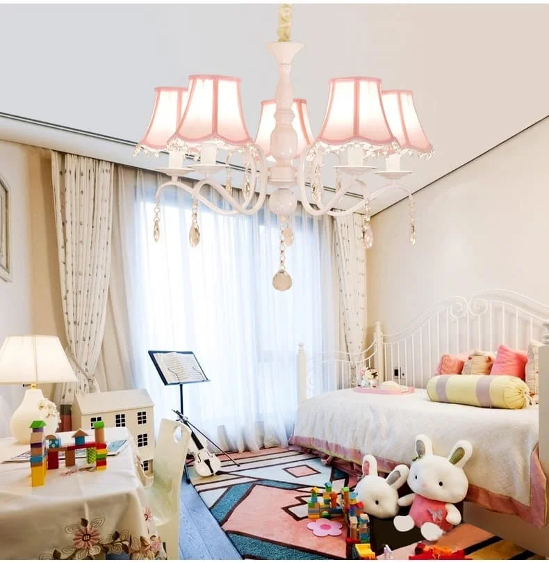 Crystal Pink Chandelier With Pink Fabric Shade In Princess Bedroom Hanging Chandeliers For Children\'S Room Girls/Daughter Room